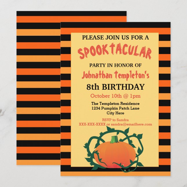 Invitations de fête d'anniversaire de citrouille (Devant / Derrière)