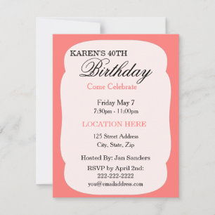 Invitations de fête d'anniversaire de Coral simple
