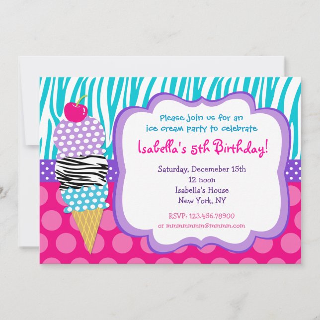 Invitations de fête d'anniversaire de crème glacée (Devant)