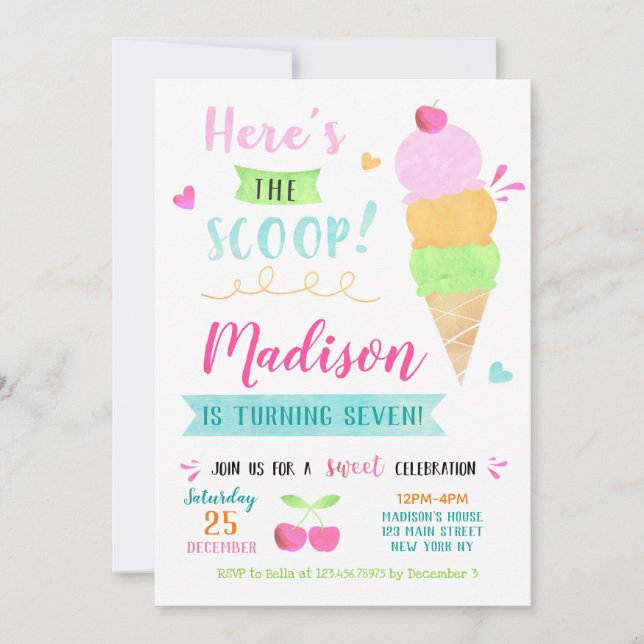 Invitations de fête d'anniversaire de crème glacée (Devant)