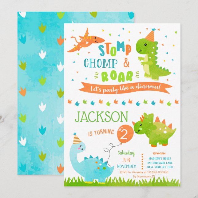 Invitations de fête d'anniversaire de Dinosaur (Devant / Derrière)