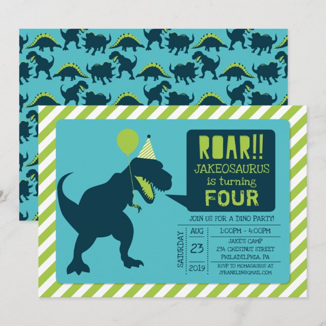 Invitations de fête d'anniversaire de Dinosaur (Devant / Derrière)