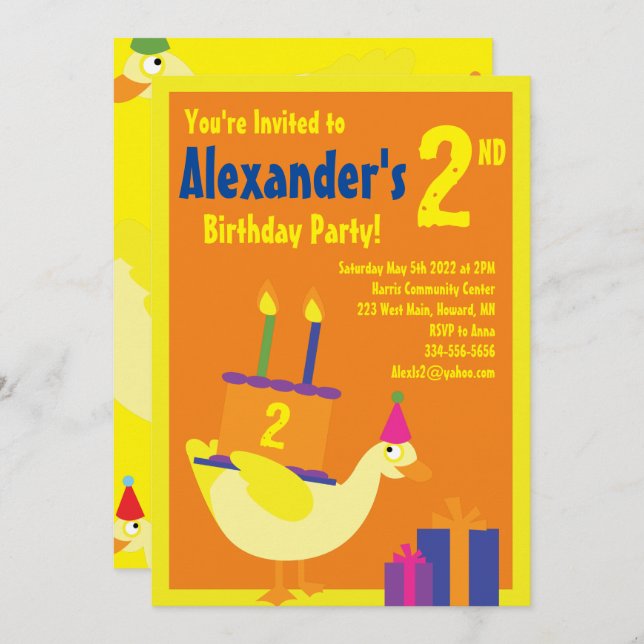 Invitations de fête d'anniversaire de Duck Animal  (Devant / Derrière)