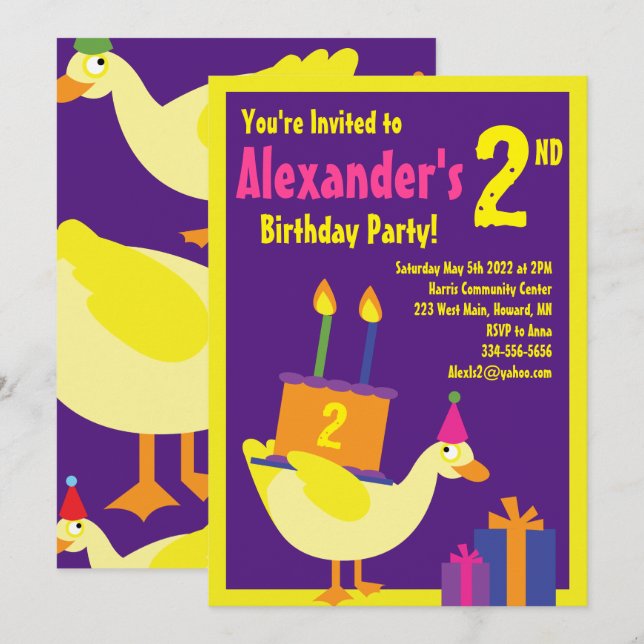 Invitations de fête d'anniversaire de Duck Animal  (Devant / Derrière)