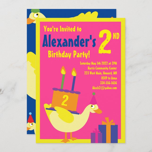 Invitations de fête d'anniversaire de Duck Animal  (Devant / Derrière)