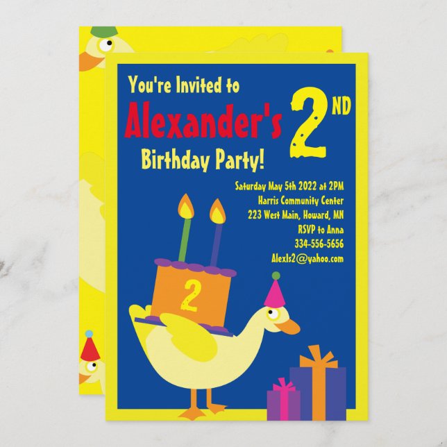 Invitations de fête d'anniversaire de Duck Animal  (Devant / Derrière)