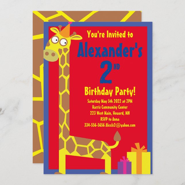 Invitations de fête d'anniversaire de Giraffe Anim (Devant / Derrière)