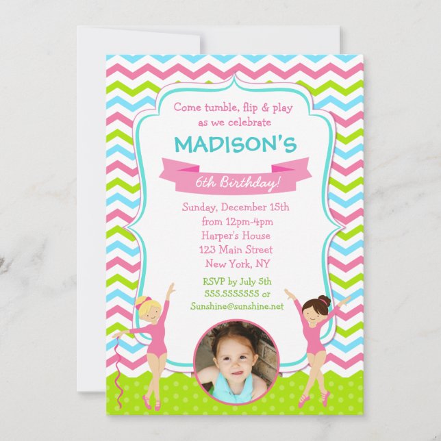 Invitations de fête d'anniversaire de gymnastique (Devant)