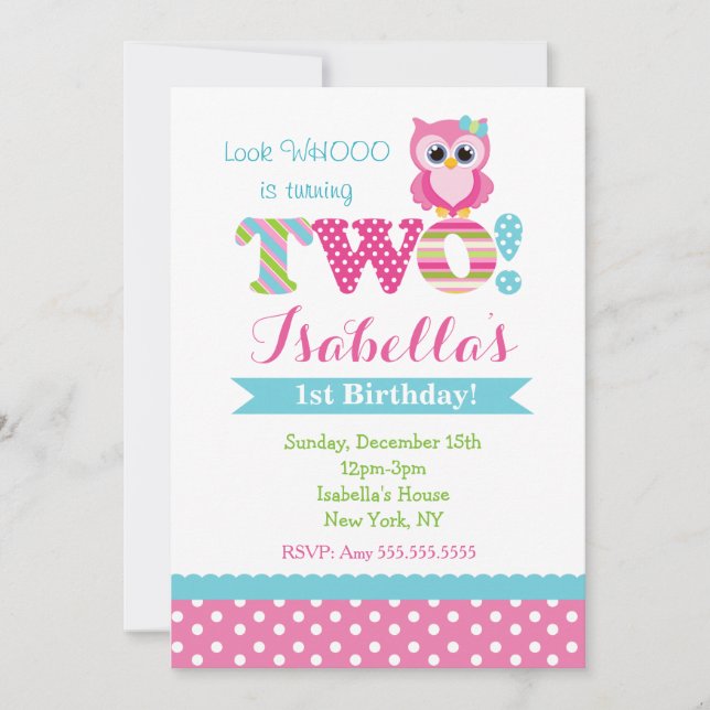 Invitations de fête d'anniversaire de hibou (Devant)