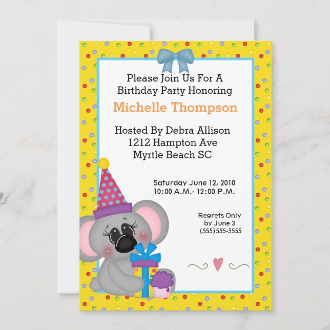 Invitations de fête d'anniversaire de Koala (Devant)