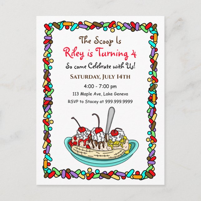 Invitations de fête d'anniversaire de la crème gla (Devant)