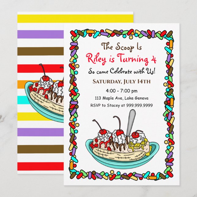 Invitations de fête d'anniversaire de la crème gla (Devant / Derrière)