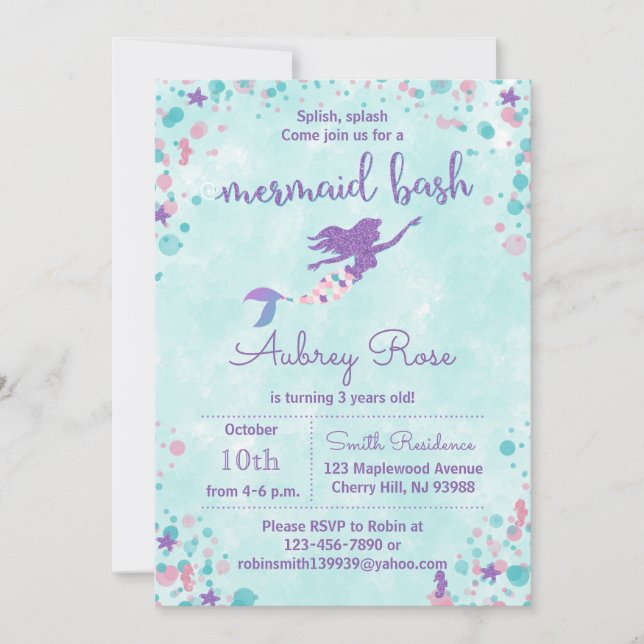 Invitations de fête d'anniversaire de la sirène -  (Devant)