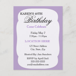 Invitations de fête d'anniversaire de lavande simp