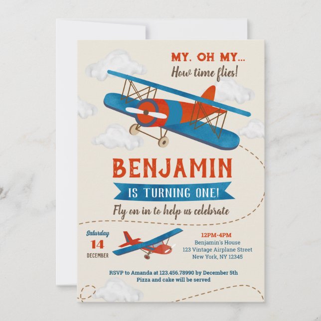 Invitations de fête d'anniversaire de l'avion vint (Devant)