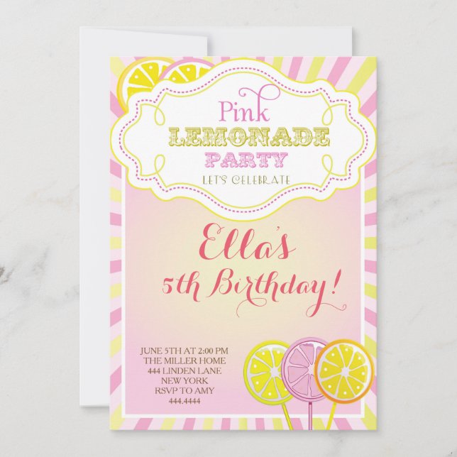 Invitations de fête d'anniversaire de limonade ros (Devant)