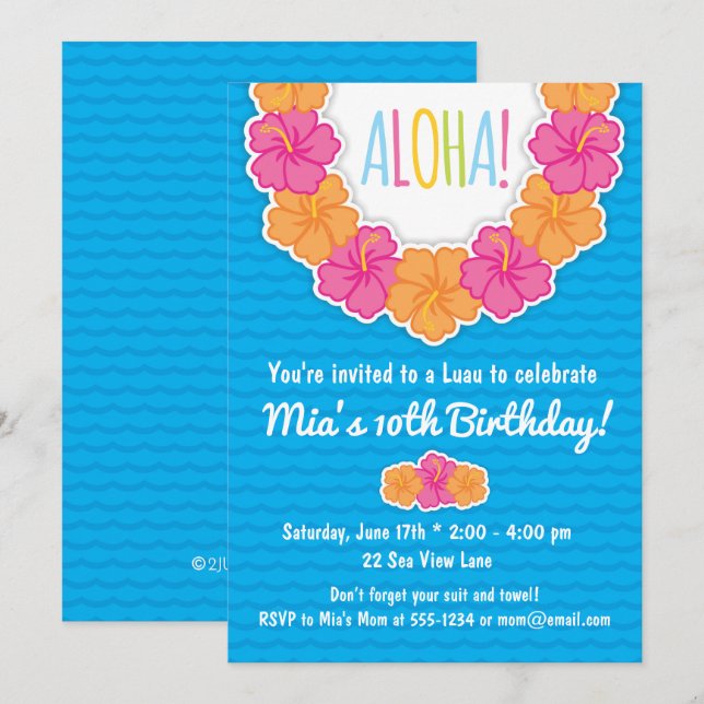 Invitations de fête d'anniversaire de Luau (Devant / Derrière)
