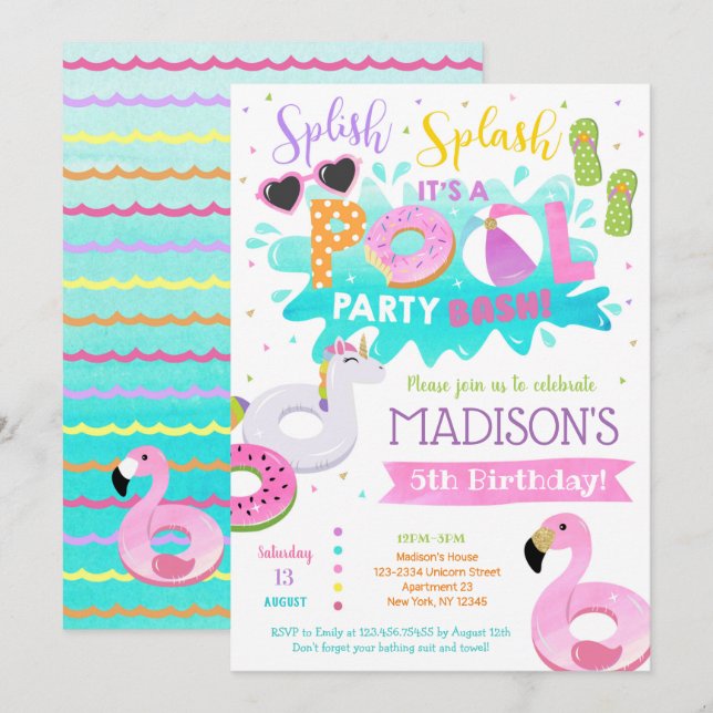 Invitations de fête d'anniversaire de piscine pour (Devant / Derrière)