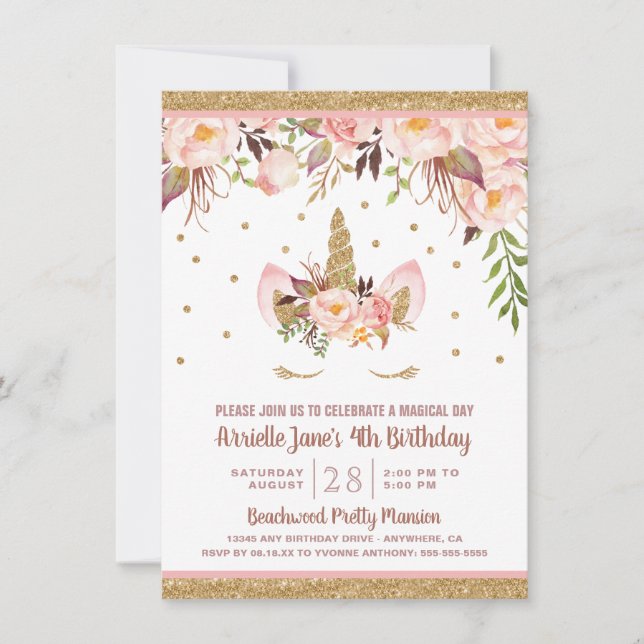 Invitations de fête d'anniversaire de rose et d'or (Devant)