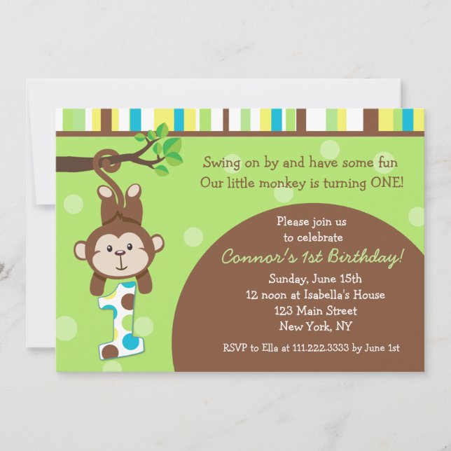 Invitations de fête d'anniversaire de singe (Devant)