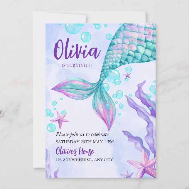 Invitations de fête d'anniversaire de sirène color (Devant)
