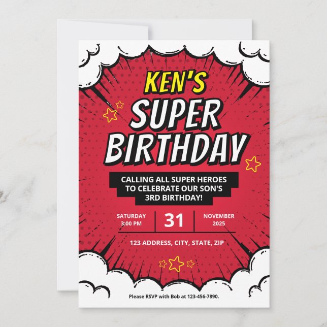 Invitations de fête d'anniversaire de Super Hero é (Devant)