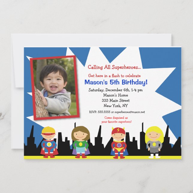 Invitations de fête d'anniversaire de super héros (Devant)