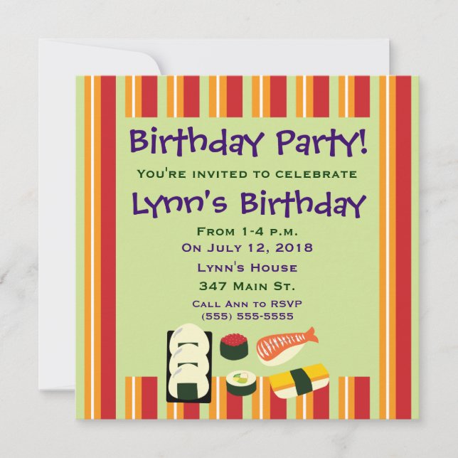Invitations de fête d'anniversaire de sushi (Devant)