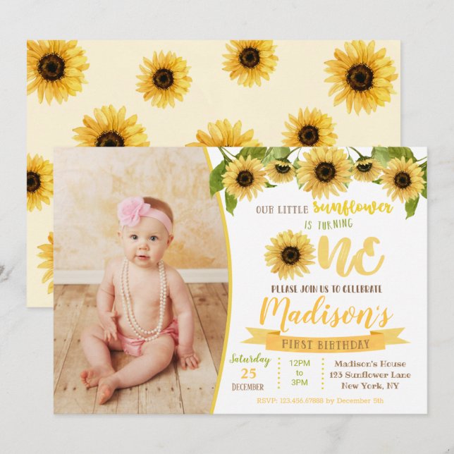 Invitations de fête d'anniversaire de tournesol (Devant / Derrière)