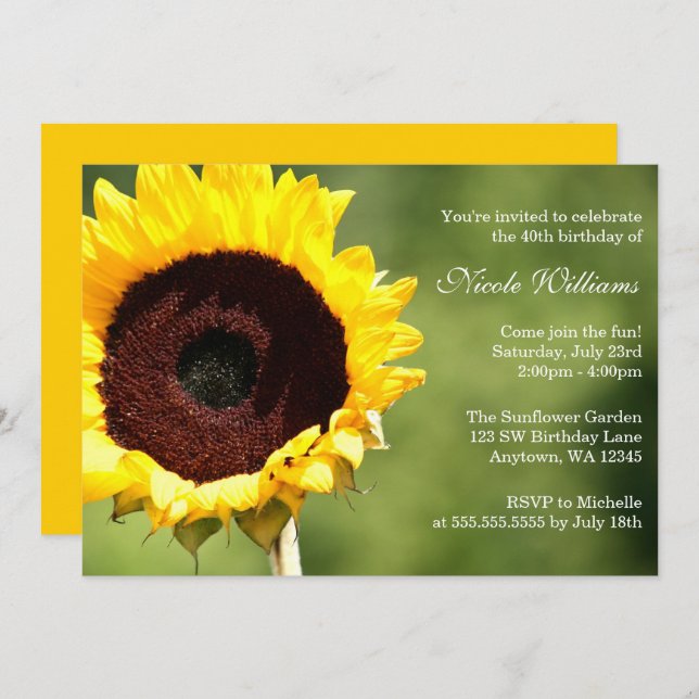 Invitations de fête d'anniversaire de tournesol (Devant / Derrière)
