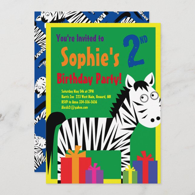 Invitations de fête d'anniversaire de Zebra Animal (Devant / Derrière)