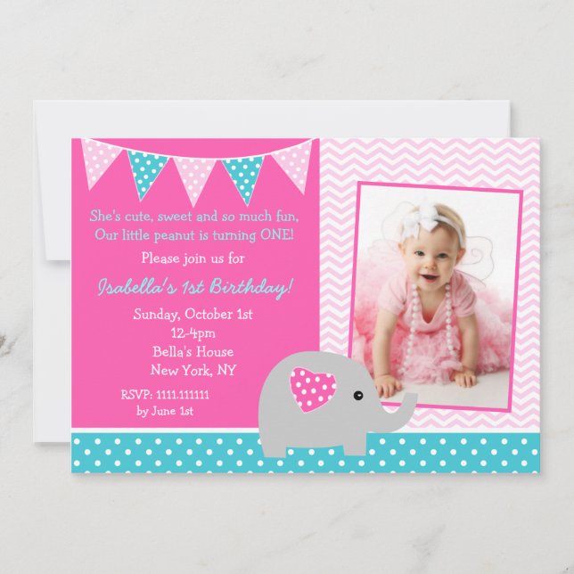 Invitations de fête d'anniversaire des éléphants (Devant)