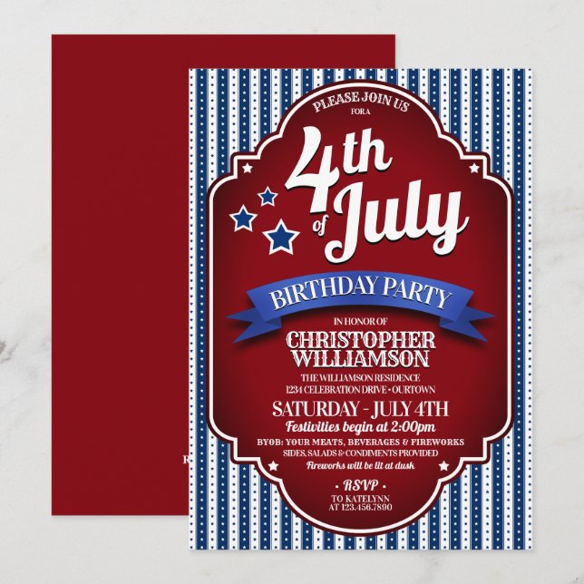 Invitations de fête d'anniversaire du 4 juillet (Devant / Derrière)