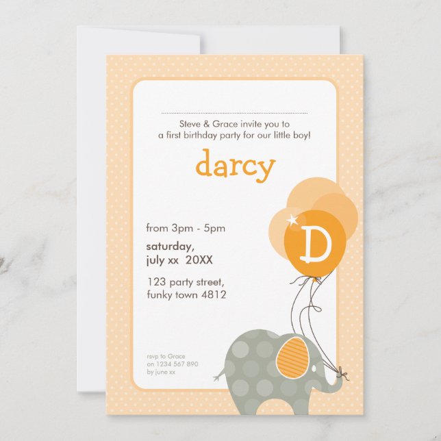 Invitations DE FÊTE D'ANNIVERSAIRE :: éléphant + b (Devant)