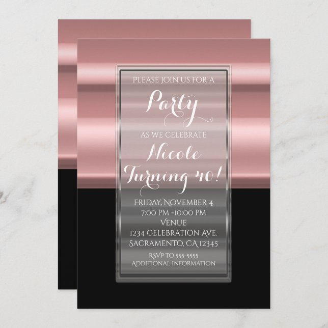 Invitations de fête d'anniversaire rose et noir (Devant / Derrière)