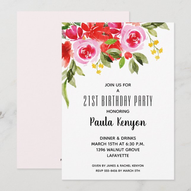 Invitations de fête d'anniversaire rouge rose (Devant / Derrière)