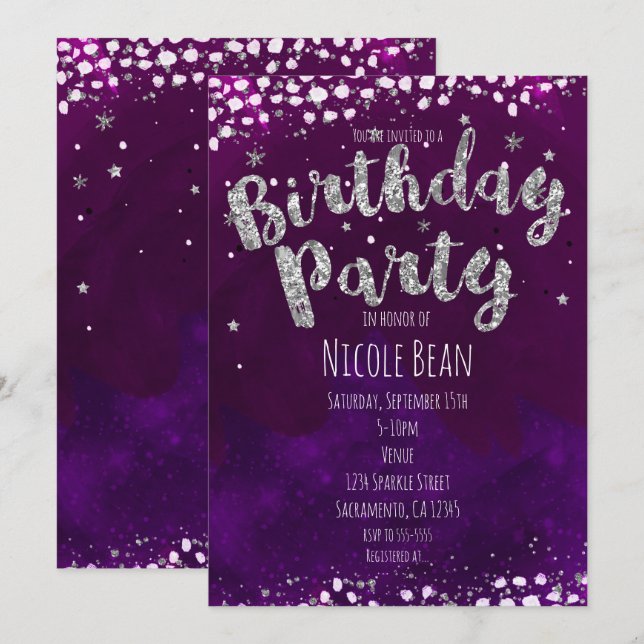 Invitations de fête d'anniversaire violet et argen (Devant / Derrière)