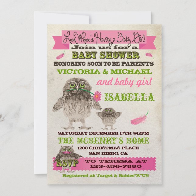 Invitations de Fête de Baby shower de Chouette Fuz (Devant)