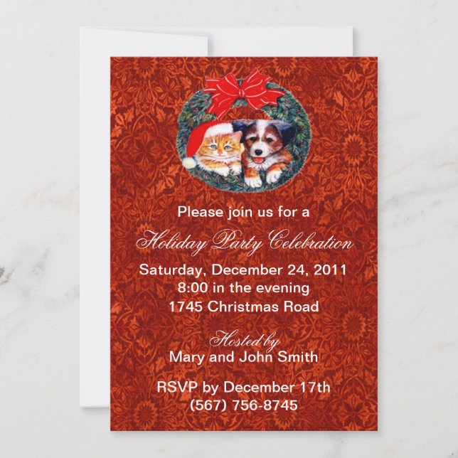 Invitations De Fête De Chiot Et Kitten Wreath (Devant)
