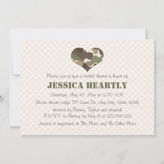 Invitations de Fête de la mariée de coeur de Camo (Devant)