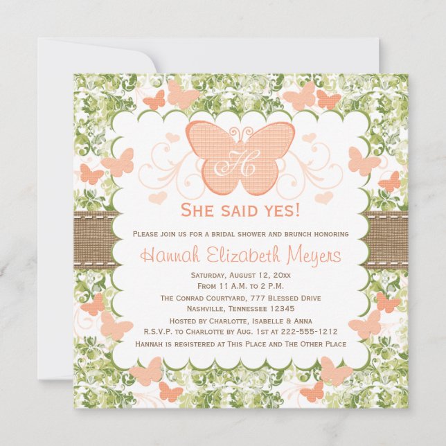 Invitations de Fête de la mariée de papillon de (Devant)