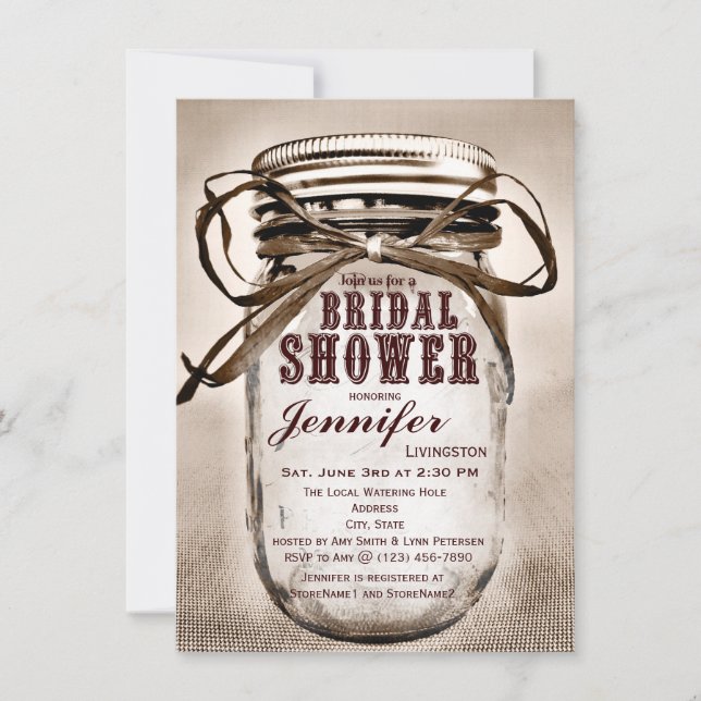 Invitations de Fête de la mariée de pot de maçon (Devant)