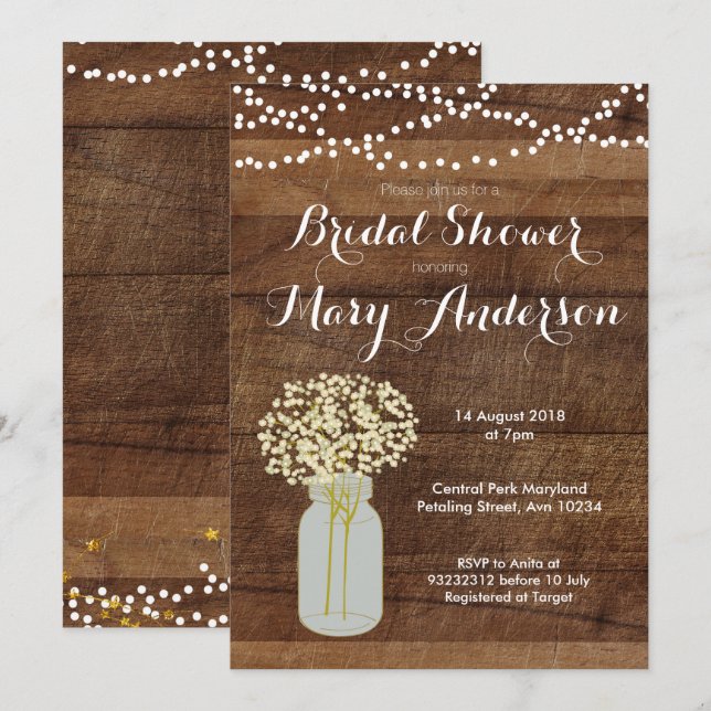 Invitations de Fête de la mariée de pot de maçon (Devant / Derrière)