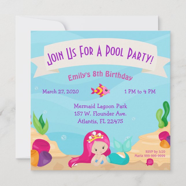 Invitations de fête de la piscine de sirène person (Devant)