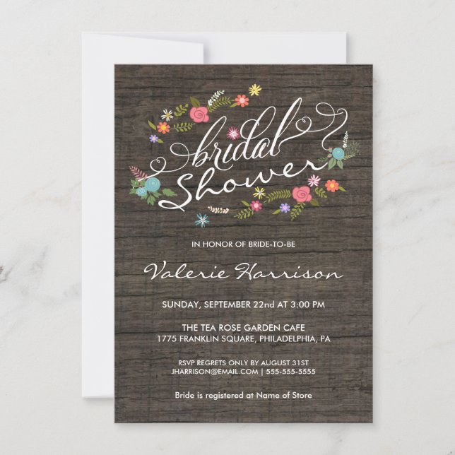 Invitations de Fête de l'mariée en bois rustique à (Devant)