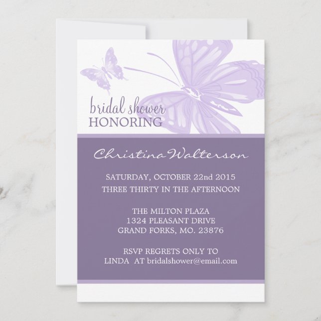 Invitations de Fête de l'mariée violet de papillon (Devant)