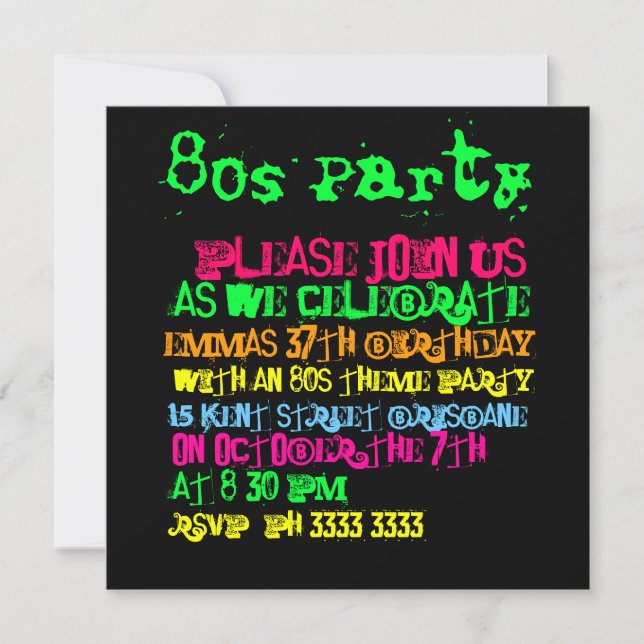 Invitations de fête des années 80 (Devant)