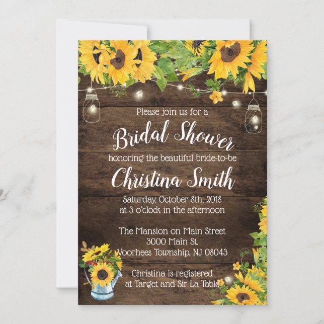 Invitations de Fête des mariées de tournesol rusti (Devant)