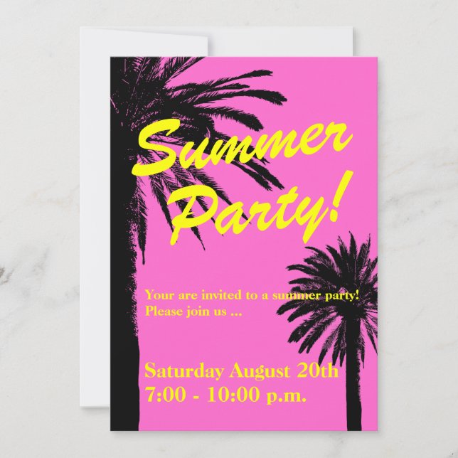Invitations de fête d'été neon rose et palmiers (Devant)