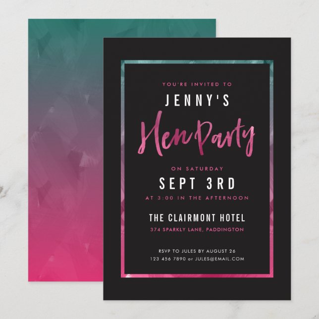 Invitations de fête moderne rose et vert Hen (Devant / Derrière)